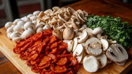 A close-up of a vibrant assortment of fresh mushrooms, including shiitake, oyster, and button mushrooms, artfully arranged on a wooden cutting board with herbs.の素材