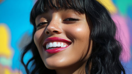 A close-up of a woman with stylish bangs framing her face, with a bright smile and vibrant lipstick, highlighting the trendy hairstyle and personalityの素材