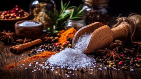 A close-up shot of coarse sea salt spilling from a wooden scoop onto a rustic wooden table, with a variety of spices and herbs in the backgroundの素材