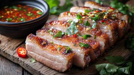 A close-up of crispy fried pork belly garnished with fresh herbs and sliced chilies, placed on a rustic wooden table with a bowl of dipping sauce beside itの素材