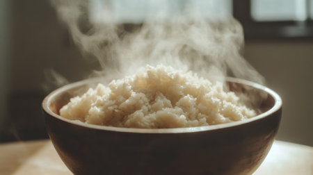 A close-up shot of a steaming bowl of freshly cooked white rice, with condensation on the bowl, highlighting its fluffy texture and inviting aromaの素材