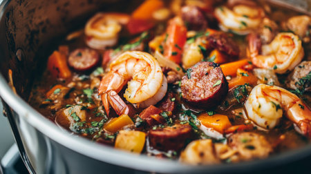 A close-up of seafood gumbo simmering in a pot, filled with shrimp, sausage, and vegetables, showcasing the rich and hearty flavors of this classic dishの素材