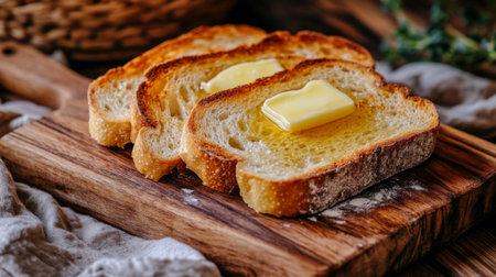 A close-up of perfectly golden-brown toasted bread slices on a rustic wooden cutting board, with a pat of melting butter on top, evoking a cozy breakfast vibeの素材