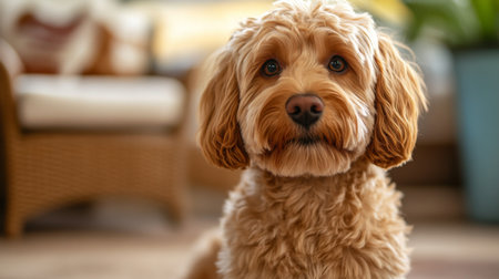 High-resolution close-up of a dog with a sweet, gentle face, featuring its unique fur pattern and playful personality in a cozy setting.の素材
