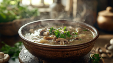 An inviting scene of a steaming bowl of mushroom soup garnished with fresh parsley, set against a rustic kitchen backdrop, showcasing comfort food at its best.の素材