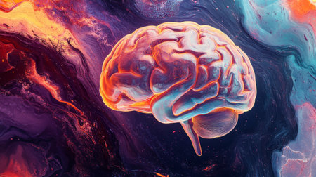 An artistic representation of a human brain, intricately detailed, with colorful abstract designs flowing around it, symbolizing creativity and intellectの素材