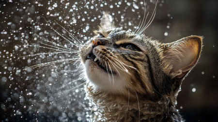 An amusing shot of a cat shaking off water after a bath, droplets flying in all directions, capturing the playful and energetic nature of felines post-bath.の素材