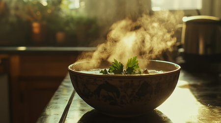 An inviting scene of a steaming bowl of mushroom soup garnished with fresh parsley, set against a rustic kitchen backdrop, showcasing comfort food at its best.の素材