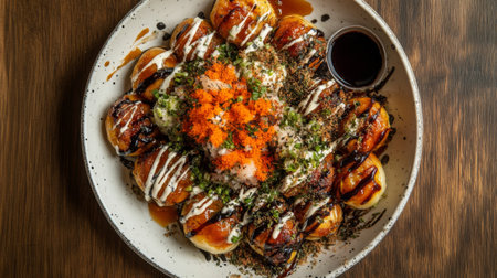 An overhead shot of a plate filled with assorted takoyaki, decorated with sauces and garnishes, highlighting the dish's deliciousness and visual appealの素材
