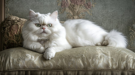 An elegant white Persian cat wearing a sparkling collar with a small gem, resting on a luxurious cushion, giving a content and relaxed look.の素材