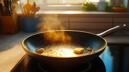 An inviting shot of a hot skillet with melted butter and garlic sizzling, perfect for preparing delicious dishes, set against a bright kitchen backdrop.の素材