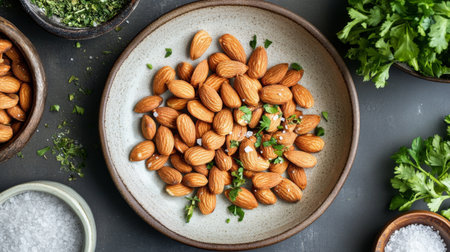 A beautifully arranged plate of roasted almonds with a sprinkle of sea salt, surrounded by fresh herbs and spices, perfect for a healthy snack display.の素材