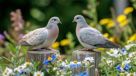 A captivating image of two doves resting on a rustic wooden fence post, surrounded by wildflowers, highlighting the beauty of their habitatの素材