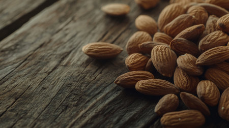 A close-up of raw almonds scattered on a rustic wooden table, showcasing their natural texture and color, with soft lighting enhancing their organic appeal.の素材