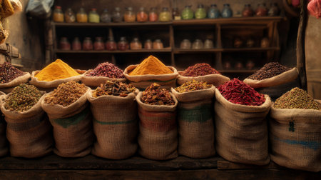 A captivating image of a spice market with vibrant spices in burlap sacks, emphasizing the key ingredients that make Indian cuisine so flavorful and aromatic.の素材