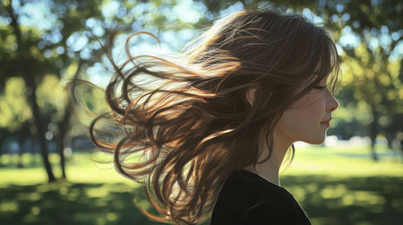 A candid moment of a woman enjoying a sunny day in a park, her hair gently blowing in the breeze, radiating beauty and tranquility in a natural environment.の素材