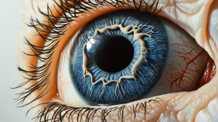 A close-up of a human eye, capturing the intricate details of the iris, pupil, and surrounding blood vessels, with light reflections creating depth and realism.の素材