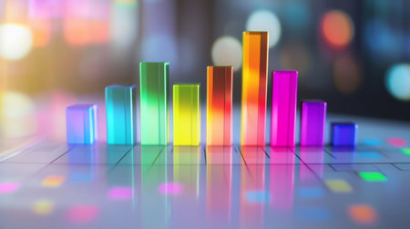 A clear D bar graph with metallic bars and gradient colors, arranged on a white reflective surface, creating a clean, professional aestheticの素材