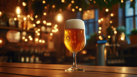A chilled beer glass filled with pale ale, set against a backdrop of a wooden bar and soft-focus lights, creating a warm and inviting atmosphereの素材