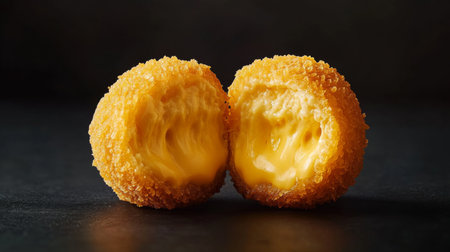 A close-up of a single, golden cheese ball cut in half, revealing its melted cheese interior, set on a dark background to emphasize its rich texture and flavorの素材