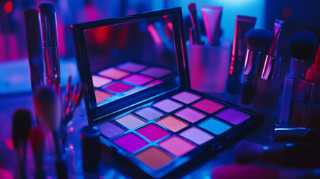 A close-up of an open compact mirror reflecting a vibrant array of colorful eyeshadows, surrounded by brushes and makeup tools, showcasing beauty essentialsの素材