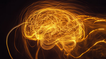 A creative composition of a brain surrounded by light trails, symbolizing electrical impulses and thought processes, set against a dark backdropの素材