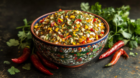 A colorful bowl of mixed spices including chili flakes, cumin, and turmeric, with whole chili peppers and herbs surrounding it, set against a dark background for contrast.の素材