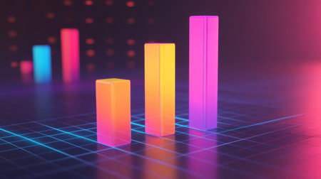 A colorful D bar graph rising on a grid background, with glowing bars representing data growth, and labels indicating different statistics.の素材