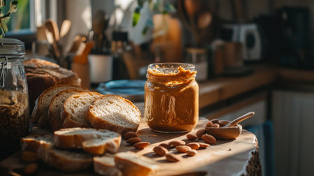 A cozy kitchen scene with a jar of homemade almond butter, surrounded by fresh bread and whole almonds, evoking a warm, inviting atmosphere for breakfast.の素材
