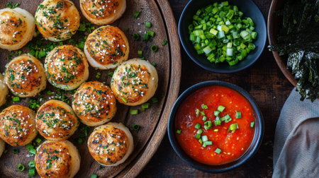 A colorful platter of takoyaki garnished with green onions and seaweed flakes, served alongside a vibrant dipping sauce, inviting a delightful culinary experienceの素材