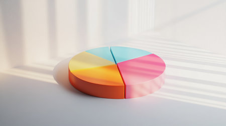 A colorful pie chart with distinct segments in gradient colors, arranged on a white background with soft shadows for a clean financial analysis lookの素材