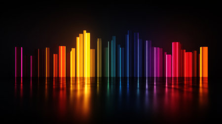 A colorful D bar chart with tall, glossy bars on a black reflective surface, with warm spotlighting to highlight each bar's shape and heightの素材