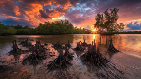 A colorful sunset over a mangrove forest, with silhouettes of trees against a dramatic sky, creating a stunning and picturesque coastal viewの素材