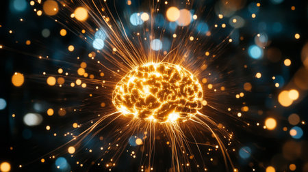 A creative composition of a brain surrounded by light trails, symbolizing electrical impulses and thought processes, set against a dark backdropの素材