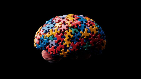 A creative image of a brain composed of puzzle pieces, symbolizing the complexity of thoughts and emotions, set against a contrasting dark backgroundの素材