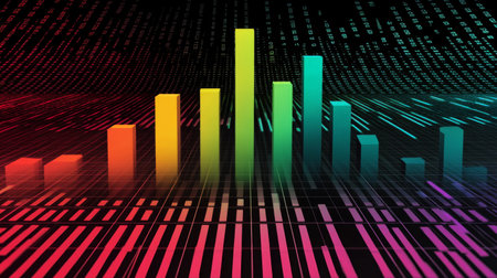 A colorful financial bar graph with rising bars, symbolizing stock market growth, set against a digital financial dashboard with numbers and percentages in the background.の素材