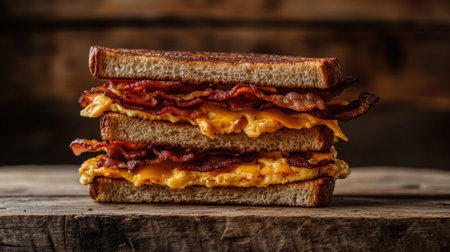 A creative composition of a breakfast sandwich layered with eggs, cheese, and crispy bacon, set against a rustic wooden background for a homey feelの素材