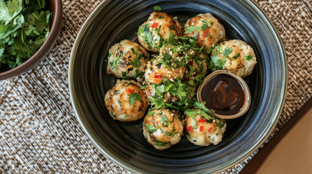 A cozy scene featuring a bowl of takoyaki served with fresh herbs and a side of dipping sauce, set on a textured tablecloth, creating a warm dining atmosphereの素材