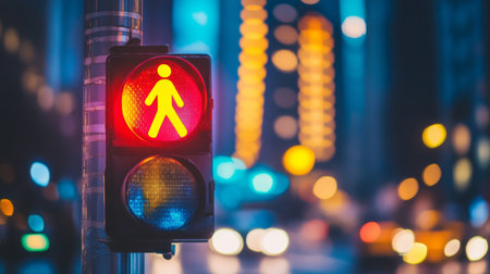 A colorful shot of a pedestrian traffic light with a walking symbol illuminated, set against a cityscape backdrop, promoting pedestrian safety and urban lifeの素材