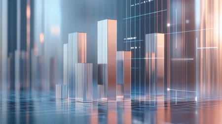 A corporate-style D bar chart with silver and blue bars, set on a reflective surface with floating data labels and a digital grid background.の素材