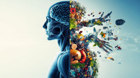A creative split image showing the human body in motion on one side and the internal organs on the other, illustrating the connection between external and internal health.の素材