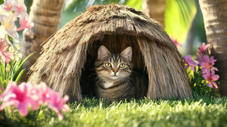 A cozy outdoor cat house with a thatched roof, nestled among blooming flowers and greenery, inviting cats to explore the natural surroundingsの素材