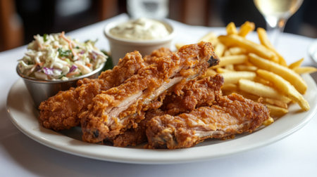 A delicious platter of fried pork ribs with a side of fries and coleslaw, beautifully arranged on a white tablecloth, inviting diners to enjoy a hearty meal.の素材