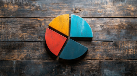 A creative pie chart with textured segments showing sales data, each slice representing a different product line, set against a rustic wooden table background.の素材