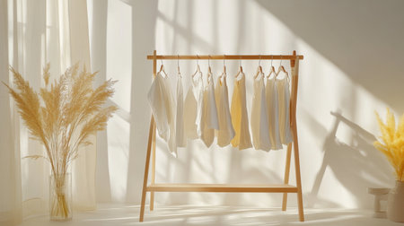 A creative arrangement of a clothes drying rack with delicate garments displayed against a light backdrop, emphasizing the textures and colors of the fabricの素材
