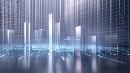 A corporate-style D bar chart with silver and blue bars, set on a reflective surface with floating data labels and a digital grid background.の素材