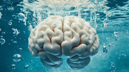 A conceptual image of a brain submerged in water, with bubbles rising around it, symbolizing ideas and thoughts floating to the surfaceの素材