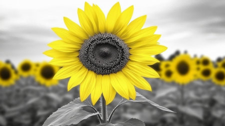 A close-up view of a single sunflower in full bloom, showcasing its intricate details and vibrant yellow petals against a softly blurred background of more sunflowersの素材