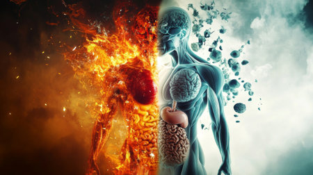 A creative split image showing the human body in motion on one side and the internal organs on the other, illustrating the connection between external and internal health.の素材