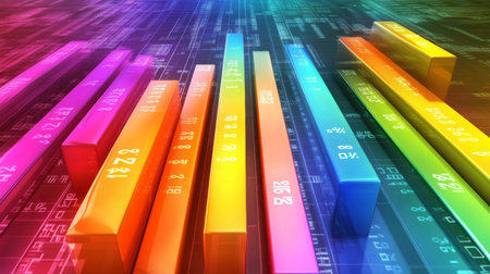 A colorful financial bar graph with rising bars, symbolizing stock market growth, set against a digital financial dashboard with numbers and percentages in the background.の素材